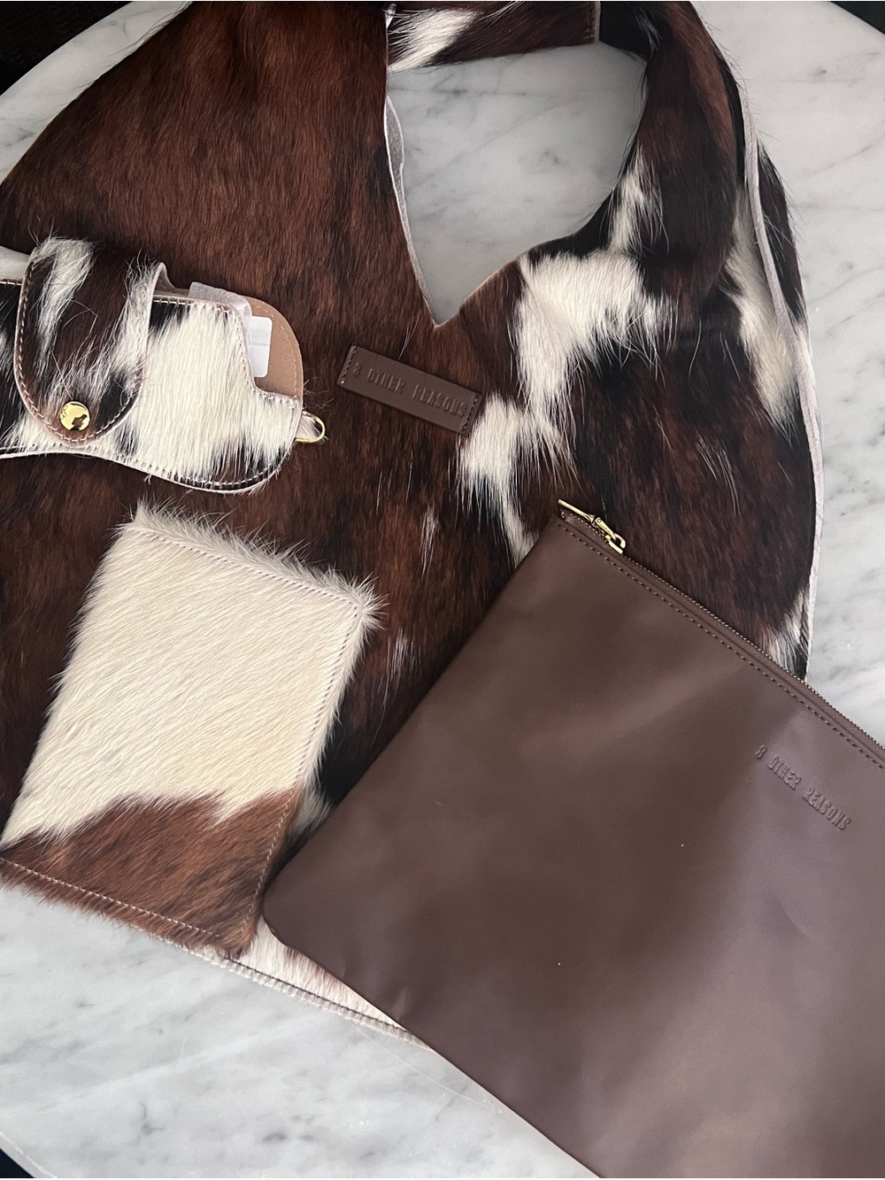 NWT real Cowhide Tote with Brown real Leather Pouch, wallet, sunglasses holder